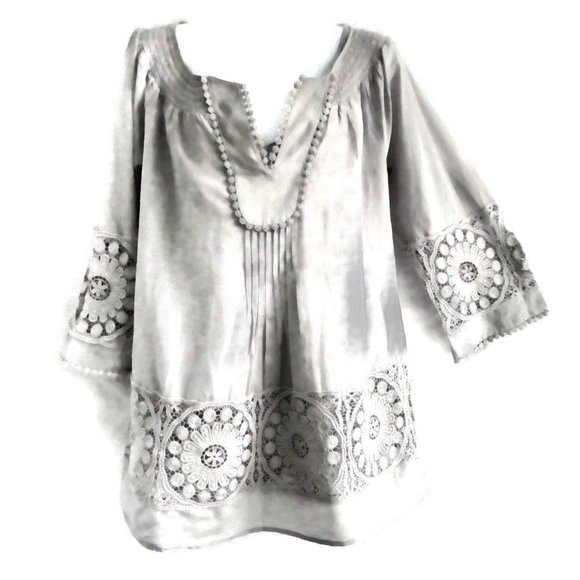 Daniel Rainn Tops - Daniel Rainn Boho Blouse Grey Inset Lace Cotton SiLK Cami Liner S